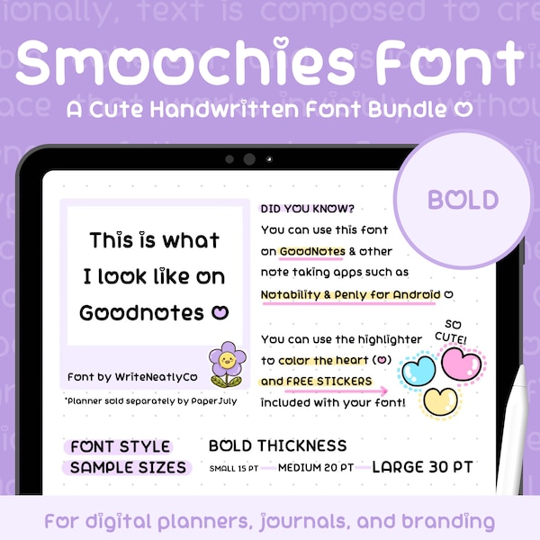 Digital Journal Fonts | Good Note Font, Handwriting for iPad, Neat Handwritten Font, Kawaii Font, Thick Font, Écriture, Fuente | Smoochies