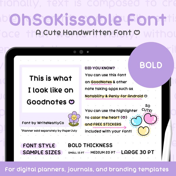 Cute Handwriting Font | iPad Font, Bold Font, GoodNote Font, Neat Handwritten Font, Handmade Font, Handschriftliche, Schrift | OhSoKissable