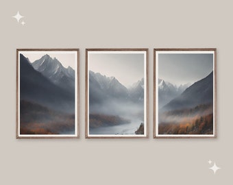 Foggy Mountain Wall Art, 3 printable set, mountain poster, mountain wall art, mountain print, landscape, mountain photography, digital print