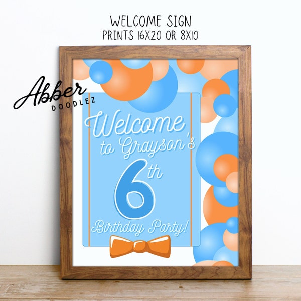 Custom Blue and Orange Balloons Birthday Welcome Sign, Any Age, Orange Bow Birthday Party, Personalized Digital Files