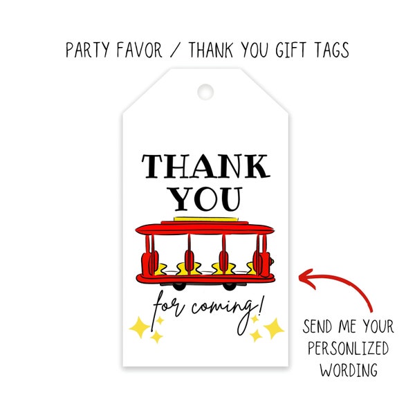 Custom Red Trolley Birthday Party Favor Tag, Thank You Tags, Personalized Digital Files