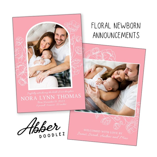 Benutzerdefinierte Neugeborenen Geburtsanzeige Karte digitale Dateien, Floral neue Baby Ankündigung, personalisierte 5x7 Foto Neugeborenen Ankündigung Karte