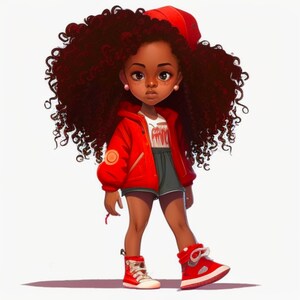 May include: A cartoon illustration of a young girl with curly brown hair wearing a red jacket, a red hat, and red and white sneakers. She is wearing a white shirt with a red graphic design.