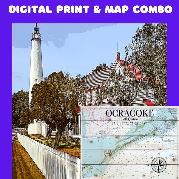 Ocracoke Lighthouse Print, Outer Banks, Ocracoke Island Map, North Carolina, Digital Print & Map Combo.