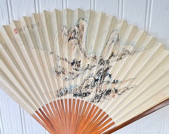 Vintage Japanese Folding Fan Sensu Black Calligraphy Red Seal - Hand painted Asian Art Chinese Watercolor Folding Wooden Fan