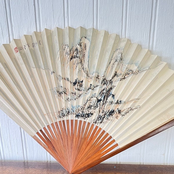 Vintage Japanese Folding Fan Sensu Black Calligraphy Red Seal - Hand painted Asian Art Chinese Watercolor Folding Wooden Fan