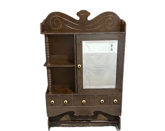 Vintage Oak Medicine Cabinet - Wall Cabinet 5 Drawer Beveled Mirror Door Towel Bar - Antique Cupboard - Free Shipping