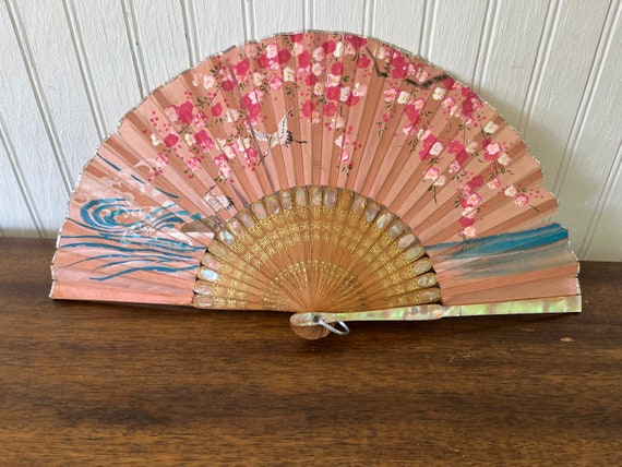 40's-50's Folding Silk Fan with Abalone Shell - V… - image 1