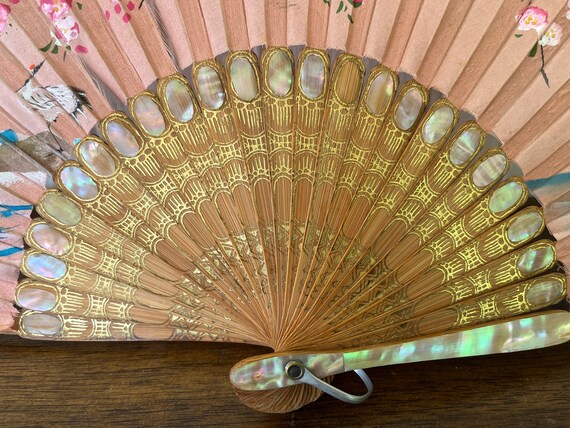 40's-50's Folding Silk Fan with Abalone Shell - V… - image 3