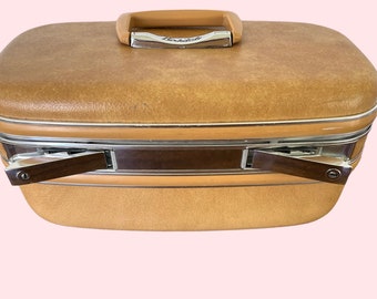 Vintage Mid Century Retro Yellow/Brown Hard Suitcase - Carry On Makeup Storage - 1960s 1970s Travel Luggage for Women or Men