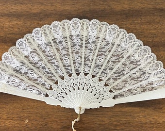 Vintage Lace Folding Wedding Hand Fan - Elegant Lace Hand Fan - Folding, White Floral, Metal Display Piece, Great Gift -