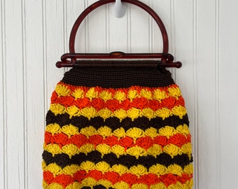 Retro-inspired Crocheted Brown, Yellow, and Orange Handbag with Acrylic Handles