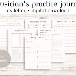 Könnte beinhalten: Ein druckbares Übungsjournal für Musiker mit über 100 Seiten. Das Journal enthält einen Monatskalender, ein wöchentliches Übungsprotokoll, eine Repertoireliste, einen täglichen Übungsplaner und tägliche Check-in-Seiten.