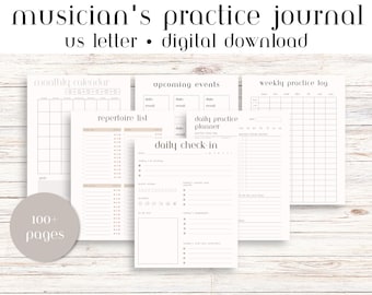 May include: A printable musician's practice journal with over 100 pages. The journal includes a monthly calendar, weekly practice log, repertoire list, daily practice planner, and daily check-in pages.