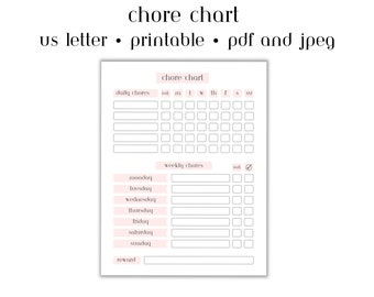 May include: Printable chore chart for US letter size paper. The chart includes sections for daily chores, weekly chores, and a reward section. The chart is designed to help people stay organized and on track with their chores.