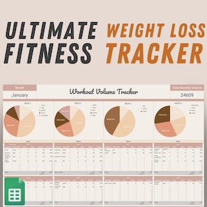 Op de afbeelding: Een afdrukbare spreadsheet voor het bijhouden van fitness voor gewichtsverlies met een bruin, perzikkleurig en crème kleurenschema. De spreadsheet bevat een workout volume tracker met vier cirkeldiagrammen die elke week van de maand voorstellen, een tabel voor het bijhouden van workouts en een sectie voor het totale maandelijkse volume.