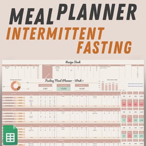 Puede incluir: Un planificador de comidas imprimible para el ayuno intermitente, con un esquema de color rosa y verde. El planificador incluye un libro de recetas, un planificador de comidas semanal y un rastreador de calorías diario. El planificador está diseñado para ayudar a las personas a hacer un seguimiento de sus comidas y calorías mientras siguen una dieta de ayuno intermitente.