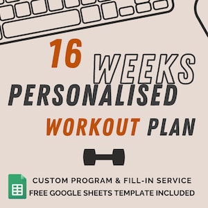 Może przedstawiać: Cyfrowa ilustracja klawiatury i myszy z tekstem "16 WEEKS PERSONALISED WORKOUT PLAN" w kolorze pomarańczowym i czarnym. Pod tekstem znajduje się ikona hantle i tekst "CUSTOM PROGRAM & FILL-IN SERVICE FREE GOOGLE SHEETS TEMPLATE INCLUDED" w kolorze czarnym.