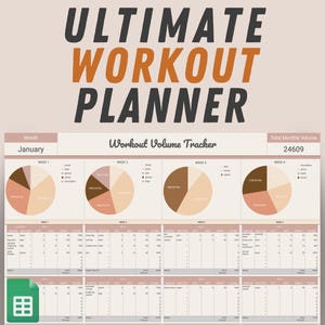 May include: A printable workout planner with a brown and peach color scheme. The planner includes a workout volume tracker with pie charts for each week of January and a total monthly volume of 24609.