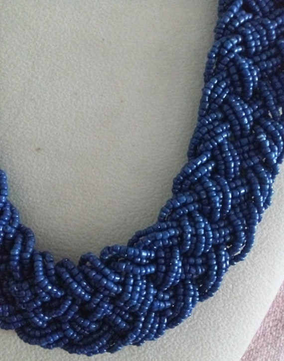 Vintage Braided Blue Cobalt seed bead necklace - image 2