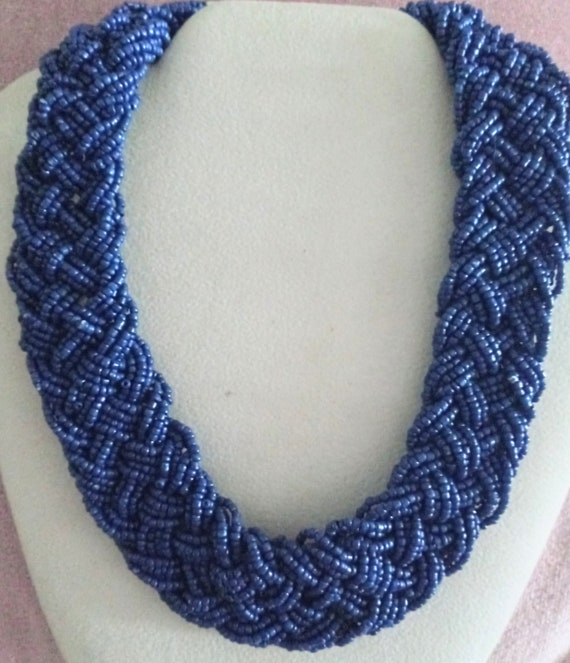 Vintage Braided Blue Cobalt seed bead necklace - image 1