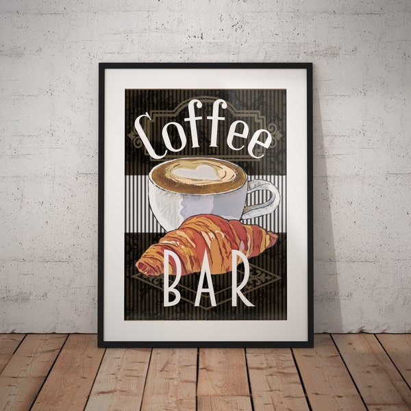 Art mural de bar à café, affiche croissant et cappuccino, art mural du petit-déjeuner, décoration murale français, affiche de cuisine italienne, affiche de café, fichier numérique