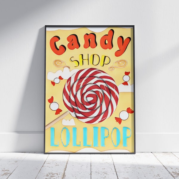 Candy shop wall art, lollipop art print, candy decor, funny food art, 70s art print, 70s wall art vintage, food art digital download