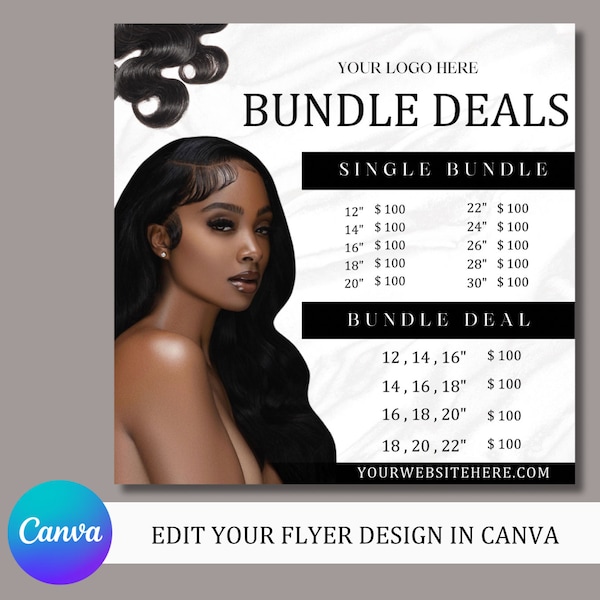 DIY Hair Pricelist Flyer, Hair Sale, Bundle Deals, Hair Extensions Wig Flyer, Editable Canva Template