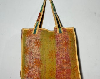 Antique vintage Kantha ethnic tote bag handmade designer organic cotton bag