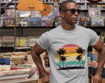 Retro T-shirt palmboom zonsondergang: tropisch T-shirt met print