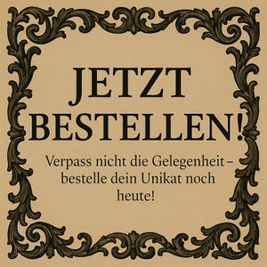 May include: A vintage-style advertisement with an ornate black frame and a tan background. The text reads "JETZT BESTELLEN!" and "Verpass nicht die Gelegenheit - bestelle dein Unikat noch heute!"