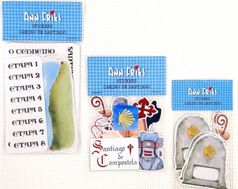 CAMINO de SANTIAGO 3 packs of handmade STICKERS / 56 Xacobeo stickers / watercolor stickers Santiago way. Ann Friks