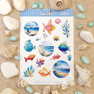 STICKERS SUMMER 1 COLLECTION. Pegatinas artesanales Ann Friks. 17 Stickers tropicales de peces, plantas y playas. Summertime.