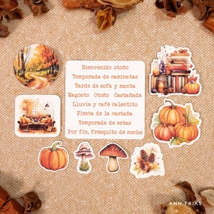 STICKERS BIENVENIDO OTOÑO. Pack de 18 pegatinas (10 frases-palabras + 8 ilustraciones).  Calabazas, setas, senderos, piñas, libros, etc.