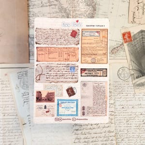 STICKERS RECORTES VINTAGE #2. Una hoja con 10 pegatinas de cartas antiguas, facturas vintage y sellos antiguos para documentar (journaling).
