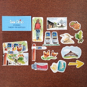 CAMINO de SANTIAGO #2 (12 stickers). Cosas típicas del Camino: flecha, ovejas, gallinas, tiritas, paracetamol, sellos, etc. Acuarelas.