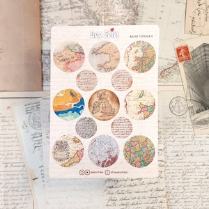ADESIVOS DE MAPAS VINTAGE #2. Uma folha com 13 adesivos de mapas antigos de 1700 para decorar diários, álbuns de recortes, diários, cadernos, etc.
