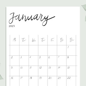Könnte beinhalten: Ein leerer Kalender für Januar 2023 mit den Wochentagen beschriftet: Montag, Dienstag, Mittwoch, Donnerstag, Freitag, Samstag und Sonntag.