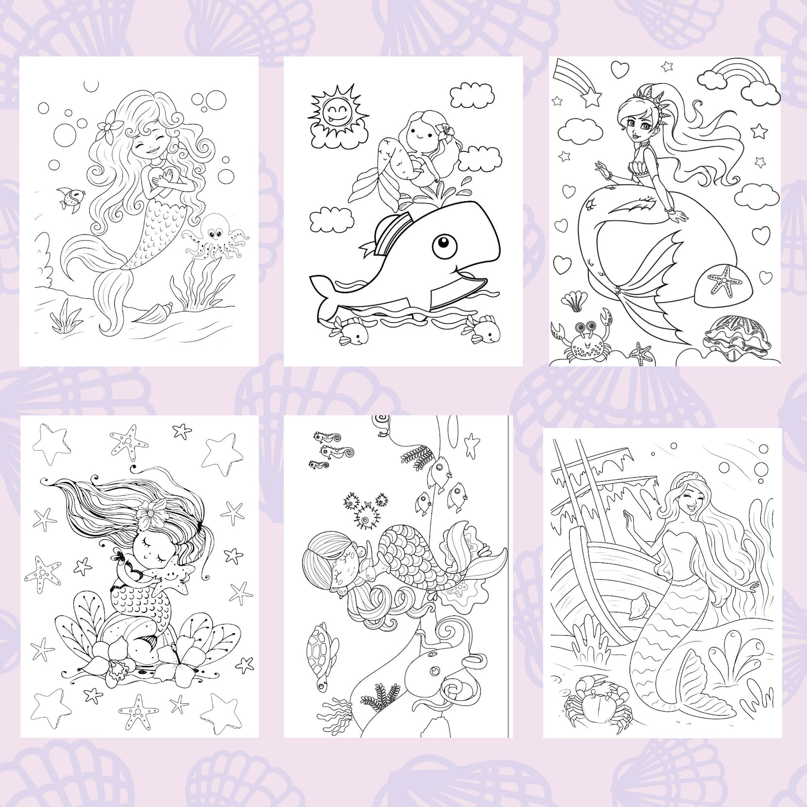 Mermaid Coloring Book Pages for Kids / Digital Mermaids Coloring Book Pages/ Printable Mermaids ...