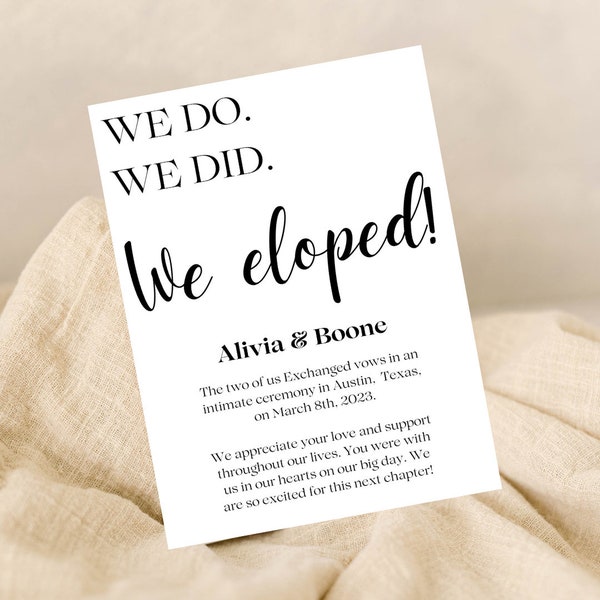 Elopement Announcement, Intimate Wedding Reception, We Eloped, Editable Template, Instant Download