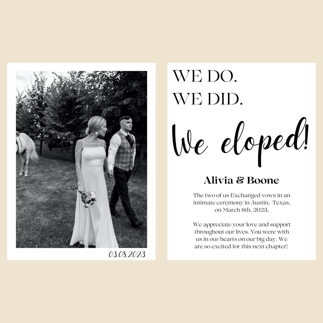 Eloping Sample Elopement Announcement, Intimate Wedding Reception, We Eloped, Editable ...