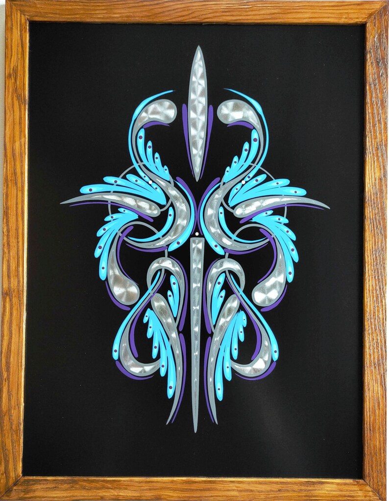 Scroll Pinstriping Panel With Sanded Metal Flakes. Ready to Hang on the Wall. A Fantastic Wall