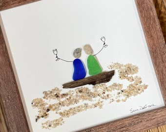 Sea glass art Best Friends with Cocktails on Beach