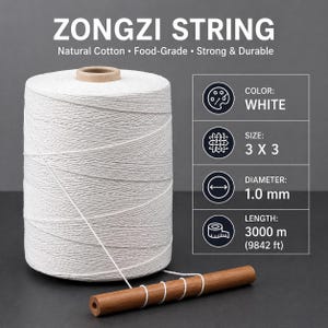 以下が含まれることがあります： 木製のダボが付いた白いZongzi糸の大きなスプール。画像には「ZONGZI STRING、Natural Cotton、Food-Grade、Strong & Durable」と書かれています。直径は1.0mm、長さは3000mです。