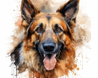 ジャーマンシェパードのボス」プリント水彩画。GSD アート、GSD 水彩画