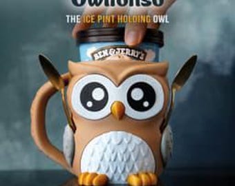 Owlfonso the Owl Ice Cream Pint Holder | Eco Friendly 3D Printed Pint Cozy with Spoon Slots | Cute Owl Gift for Ice Cream Lovers