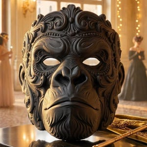 May include: A detailed black gorilla mask, ideal for a masquerade ball. The mask has open eye holes and is set against a blurred background of a ballroom. The mask is made of a dark material and is highly decorative.