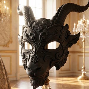 Puede incluir: Una máscara de mascarada negra y ornamentada con forma de cabeza de cabra, con cuernos grandes y curvados y un intrincado trabajo de volutas. La máscara se exhibe sobre un soporte transparente en una habitación con decoración antigua.