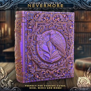 May include: A purple and gold metal storage tray with an ornate design featuring a raven and books. The tray is labelled "STORAGE & ROLLING TRAY NEVERMORE".