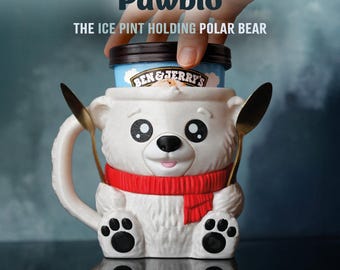 Pawblo, il porta pinta di gelato a forma di orso polare / Porta pinta ecologico stampato in 3D con fessure per cucchiai / Simpatico regalo a forma di gatto per gli amanti del gelato